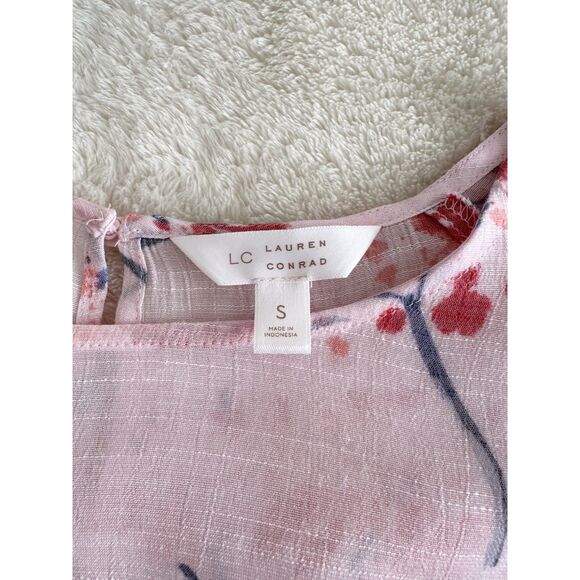 LC Lauren Conrad Blouse Size S Pink Floral Asymmetrical Bell Sleeve Pullover - Picture 6 of 11